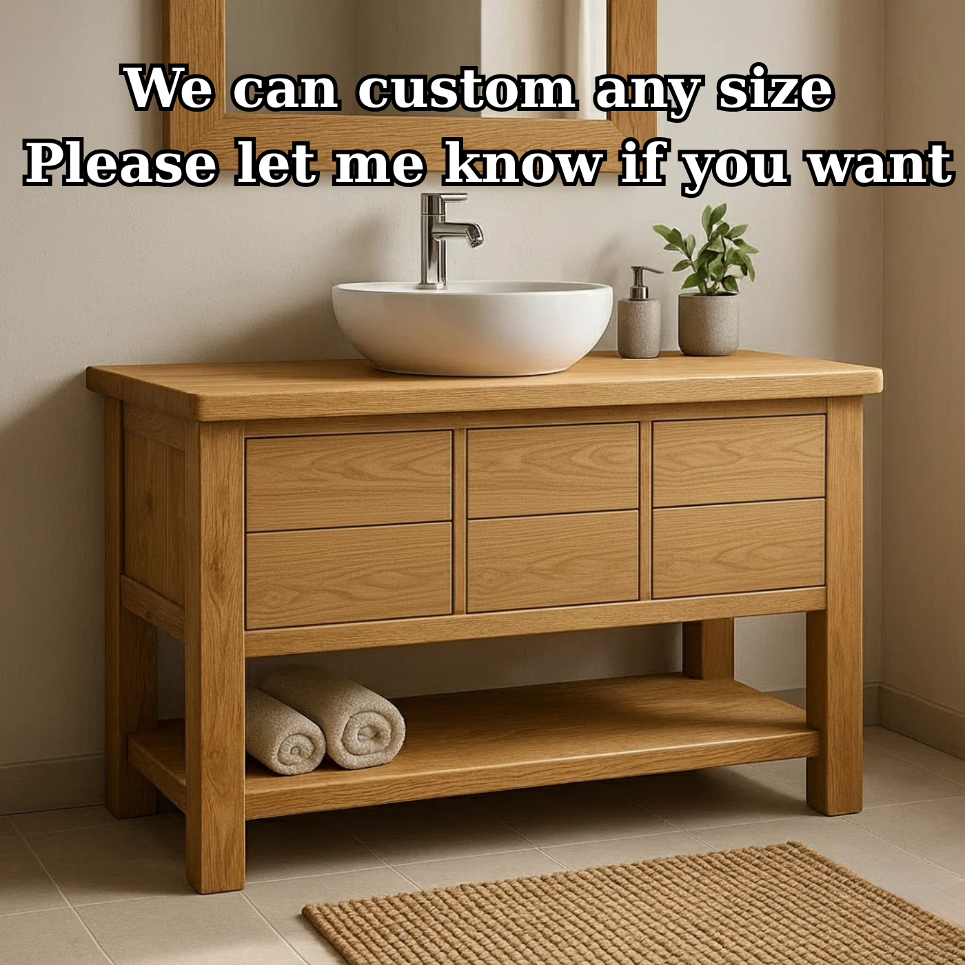 Handcrafted Solid Wood Bathroom Vanity with Oak Finish and Open Shelf Kitchnce