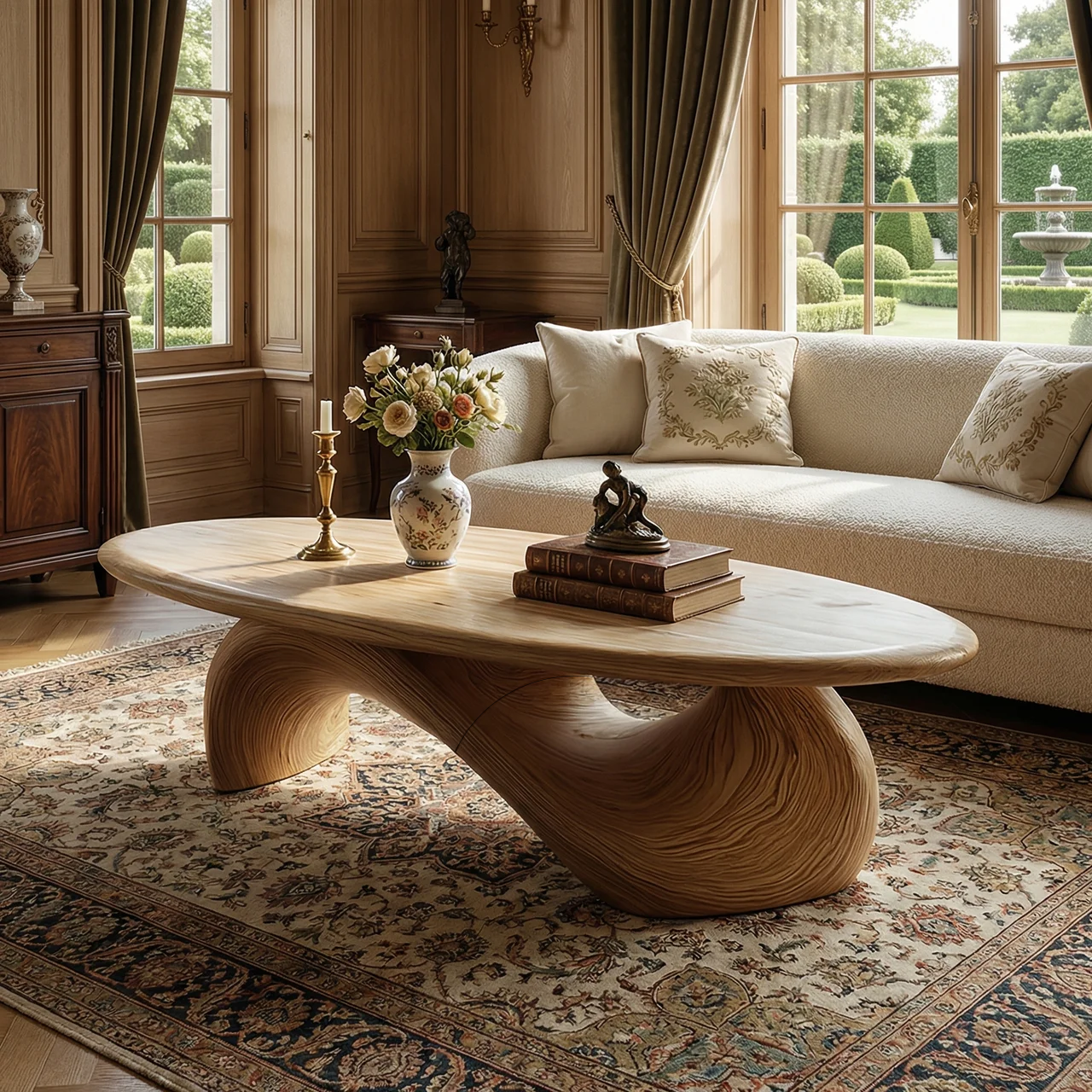 Sculptural Oval Coffee Table with Organic Curve Base for Classic Interiors