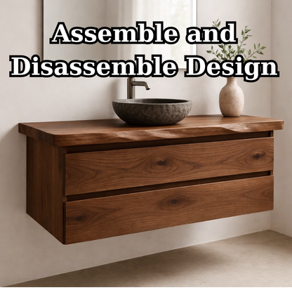 Floating Solid Wood Bathroom Vanity with Double Drawers – Modern Minimalist Wall Mounted Cabinet