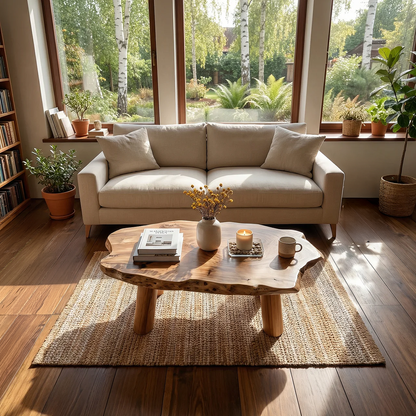 Live Edge Coffee Table with Rounded Slab Top and Solid Legs