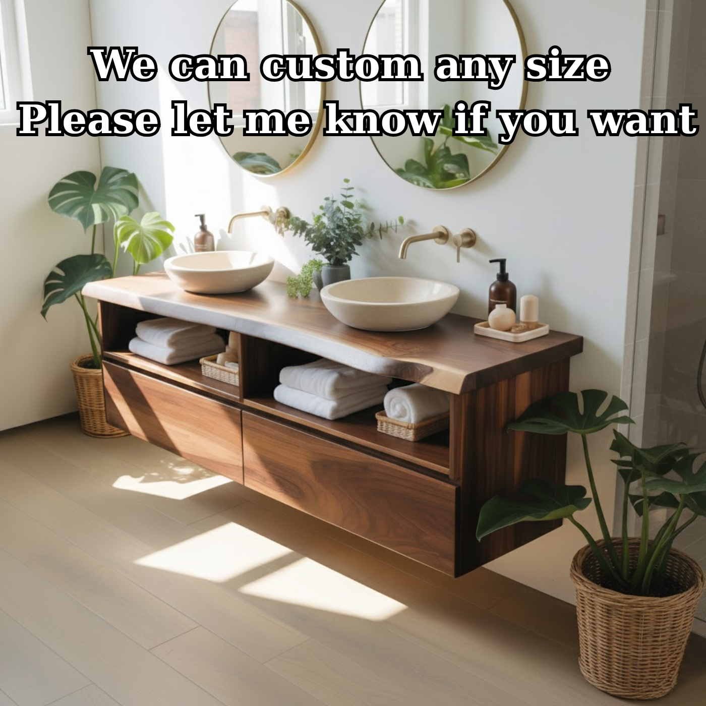 Handcrafted Solid Wood Floating Bathroom Vanity with Open Shelves & Soft-Close Drawers Kitchnce