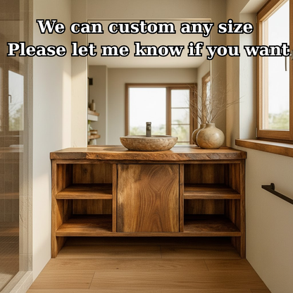 Handcrafted Solid Wood Bathroom Vanity with Central Sliding Door & Open Storage Shelves Kitchnce