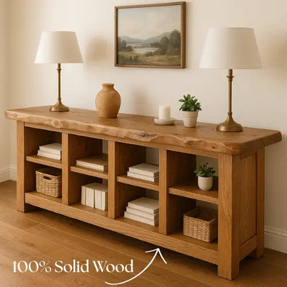 Handcrafted Solid Wood Live Edge Console Table – Rustic Oak with Open Cubby Shelves Kitchnce