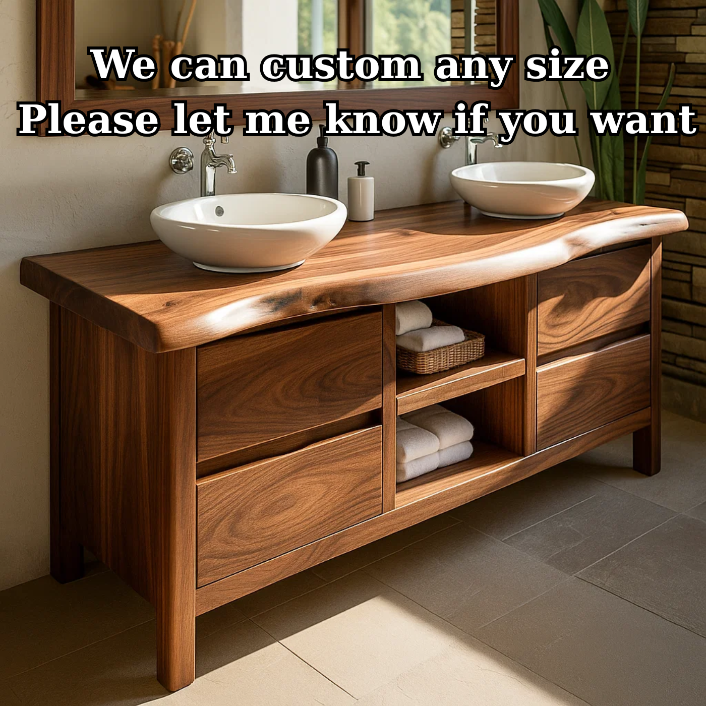 Handcrafted Solid Wood Bathroom Vanity - Live Edge Walnut, Drawers & Open Shelving Kitchnce