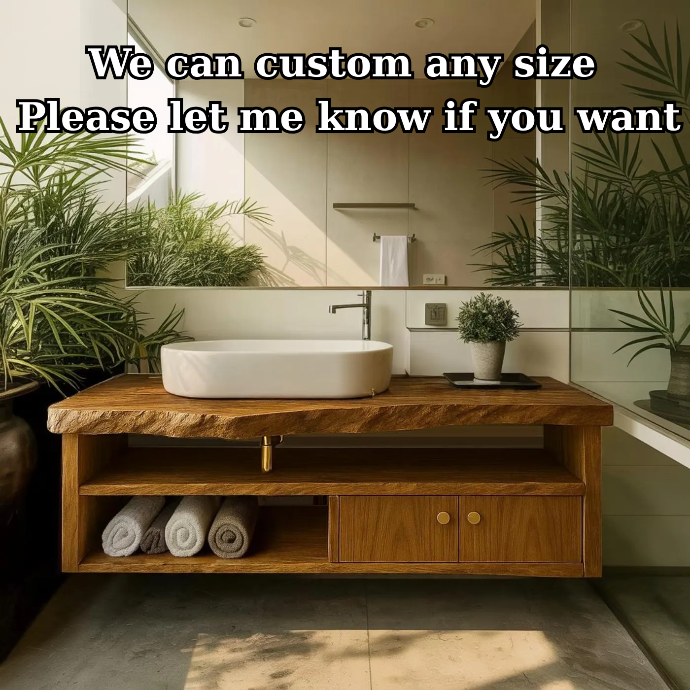 Handcrafted Solid Wood Floating Vanity, Organic Live Edge Bathroom Console with Storage Kitchnce
