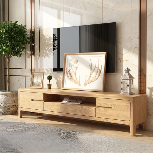 Solid Wood TV Stand with Drawers, Modern Low Profile Media Console Cabinet