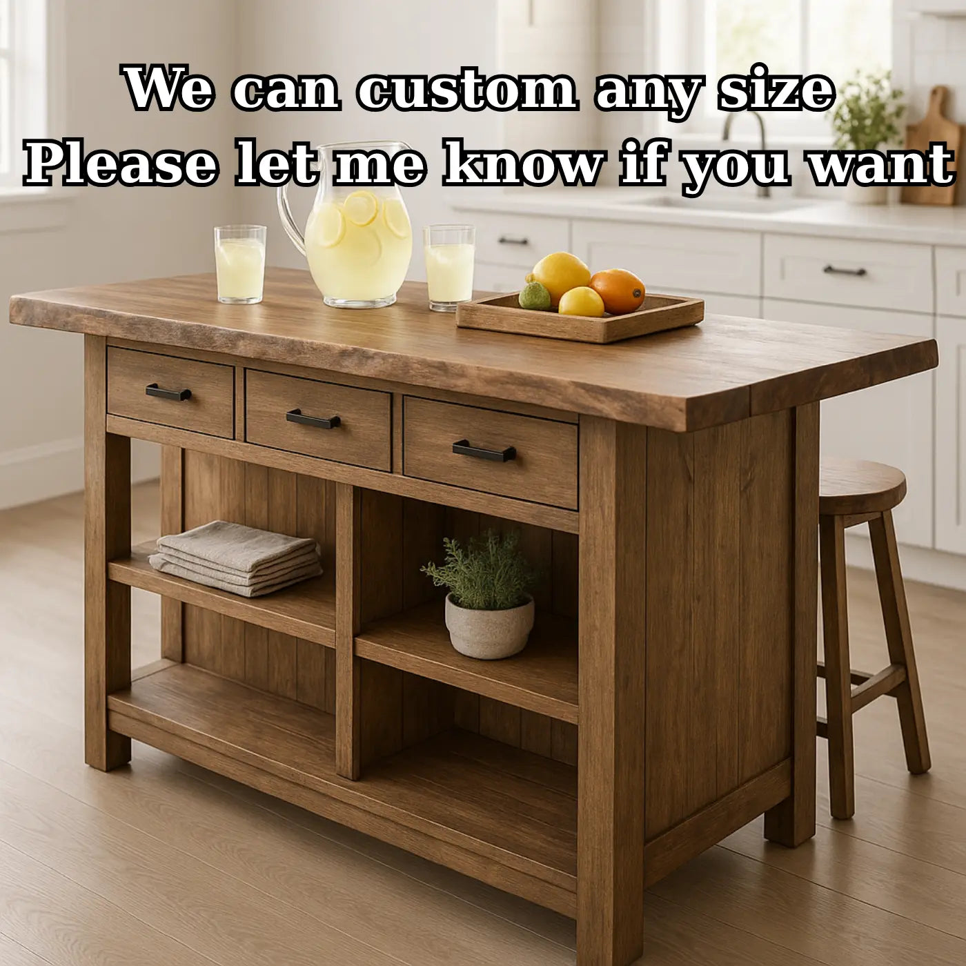 Handcrafted Solid Wood Kitchen Island - Rustic Top, 3 Drawers & Open Shelving Kitchnce