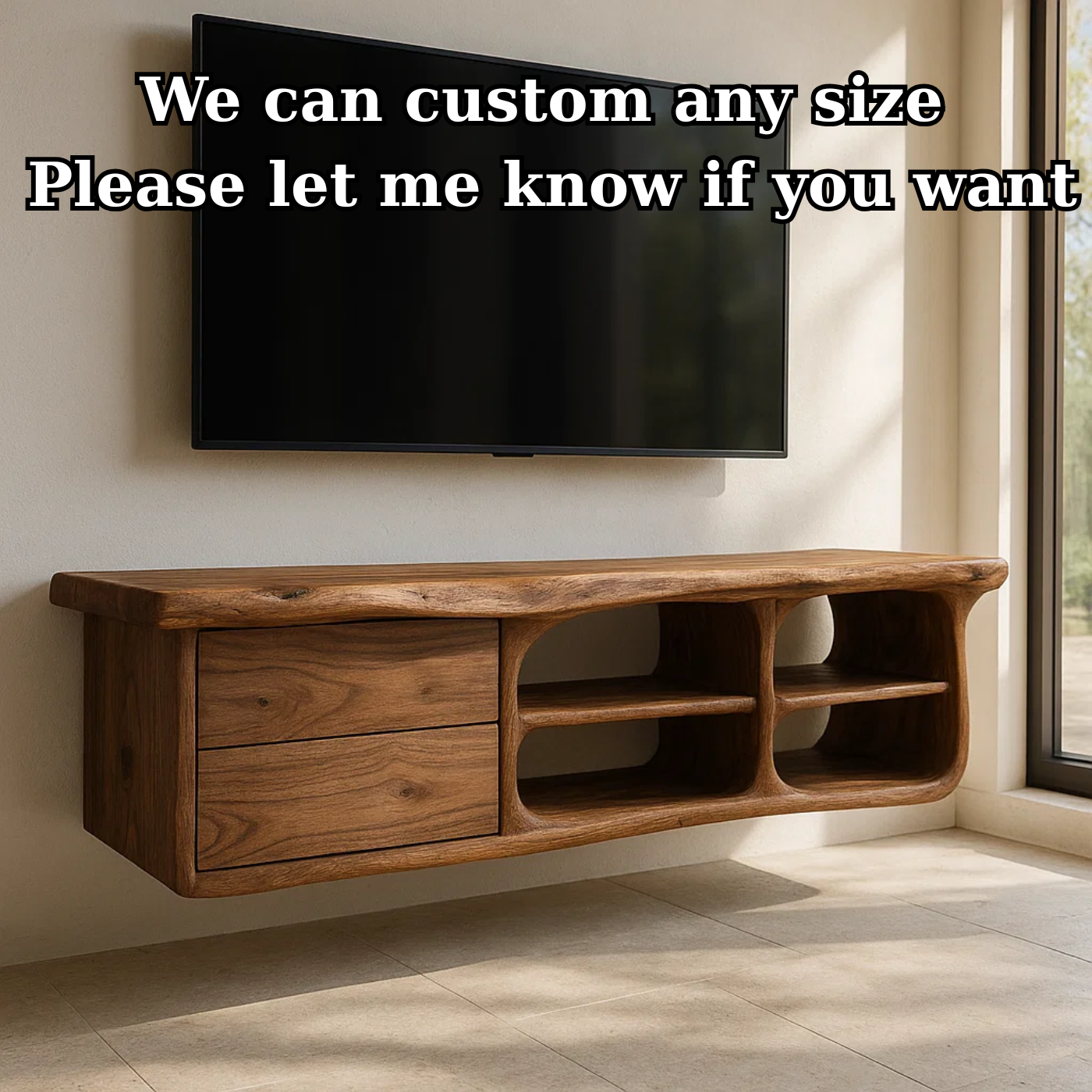 Handcrafted Solid Wood Floating TV Stand with Live Edge - Rustic Modern Media Console Kitchnce