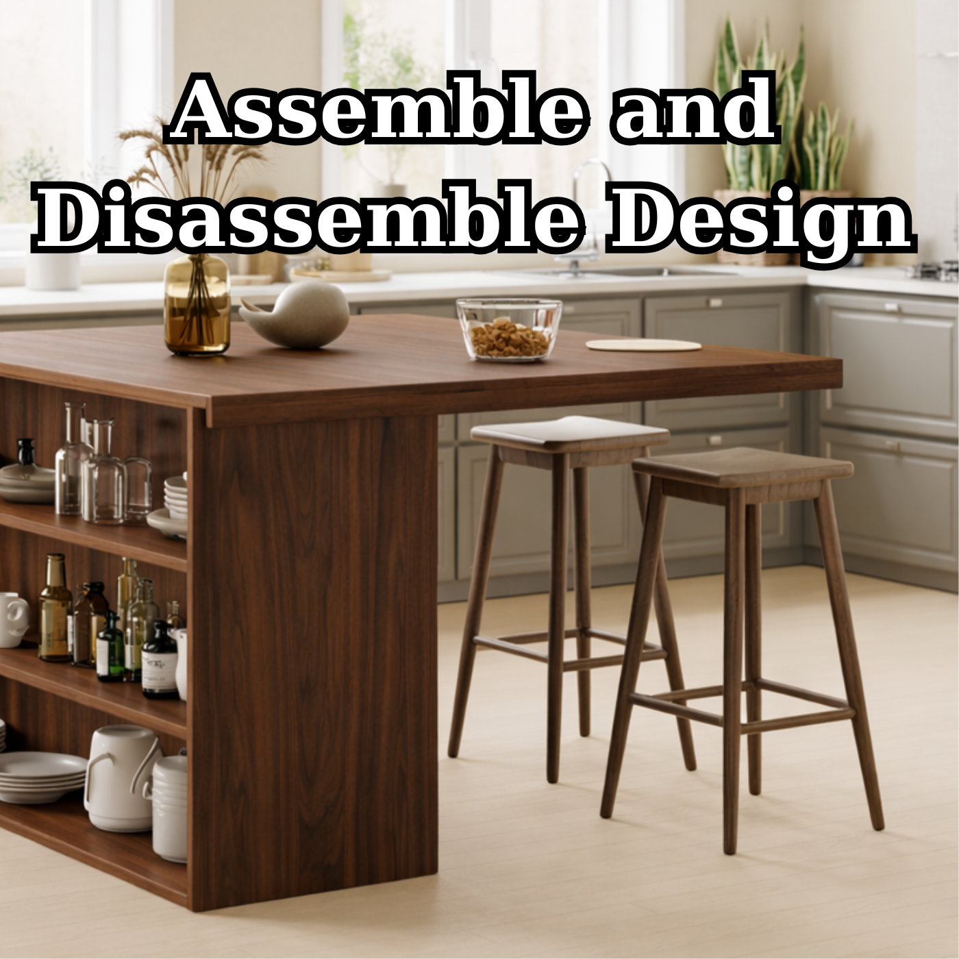 Modern Solid Wood Kitchen Island with Open Storage Shelves