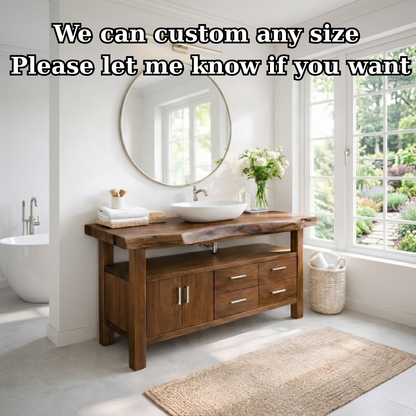 Live Edge Solid Wood Bathroom Vanity with Double Cabinet Doors, Four Drawers and Open Shelf