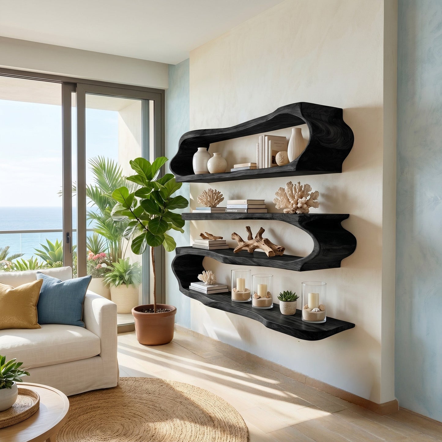 Flowing Wood Wall-Mounted Shelf With Open Display