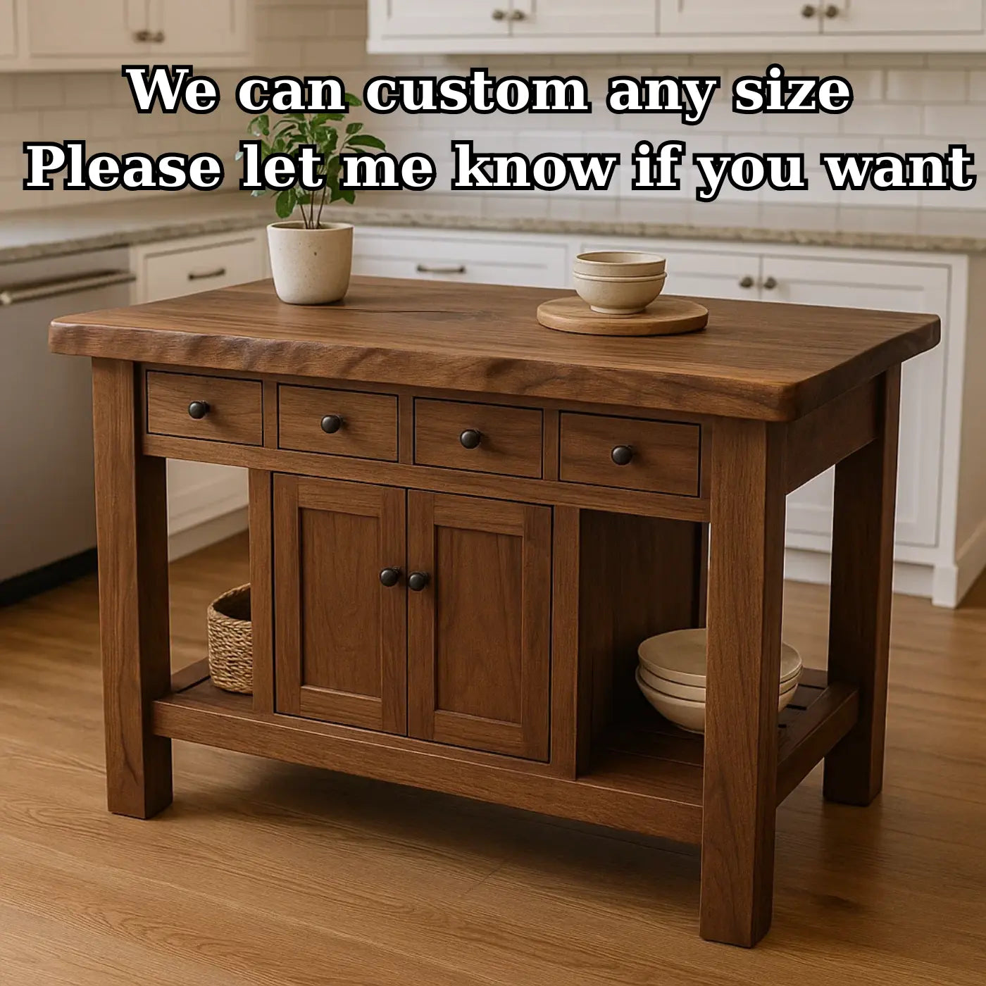 Handcrafted Solid Wood Kitchen Island - 4 Drawers & Cabinet Storage Kitchnce