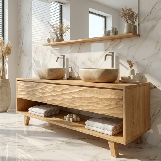 Modern Solid Wood Double Bathroom Vanity with Textured Front and Open Shelf Storage