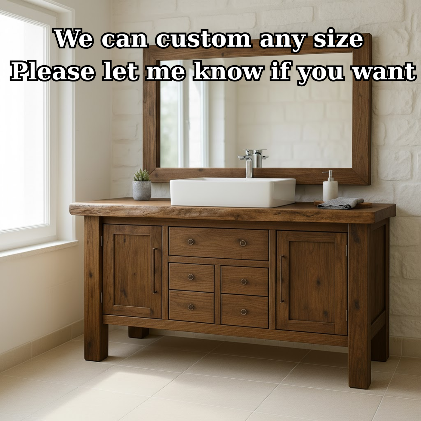 Handcrafted Solid Wood Bathroom Vanity - Live Edge Top, Cabinets, Drawers & Vessel Sink Base Kitchnce