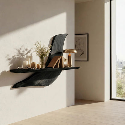 Asymmetrical Wall-Mounted Shelf in Natural Wood with Sculptural Form