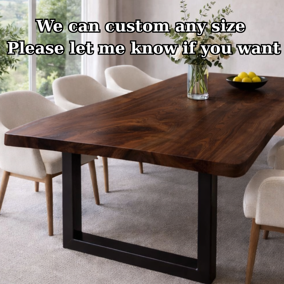 Modern Solid Wood Rectangular Dining Table with Black Steel Base