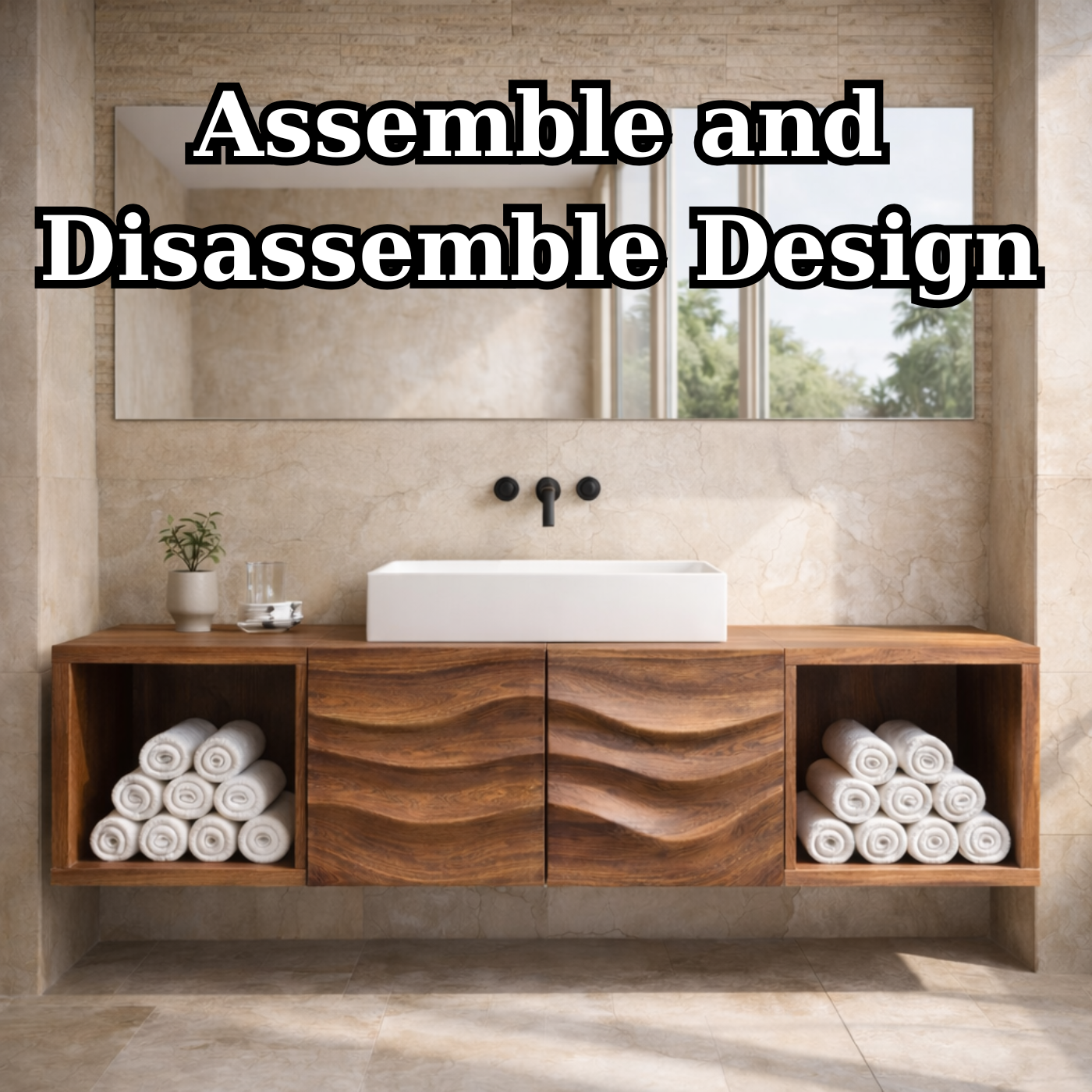 Floating Solid Wood Bathroom Vanity with Wave Textured Doors and Open Shelves