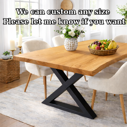 Modern Solid Oak Live Edge Dining Table with Black Steel X Base for Minimalist Homes