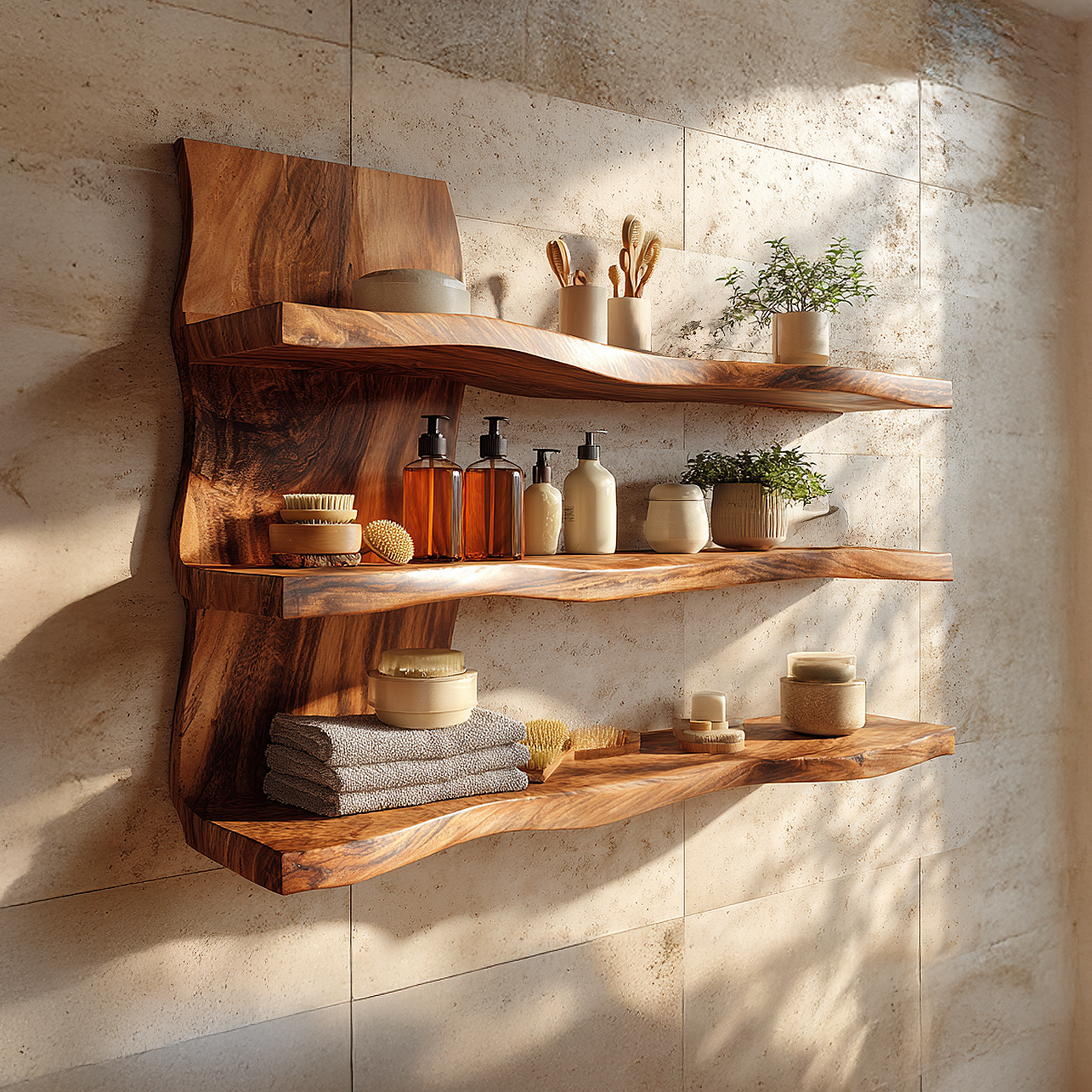Sculptural Triple Tier Wall Shelf with Flowing Wood Layers