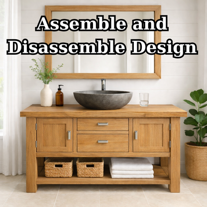 Timeless Solid Wood Bathroom Vanity with Double Side Cabinets, Center Drawers and Open Bottom Shelf