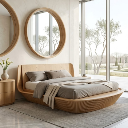 Modern Wooden Bed Frame with Curved Headboard and Low Profile Platform Style
