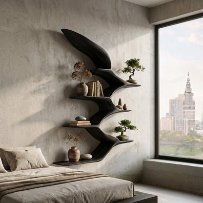 Wing Form Wood Wall Shelf With Curved Open Display