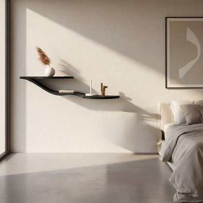 Wave-Inspired Floating Wall Shelf in Natural Wood with Dual Levels