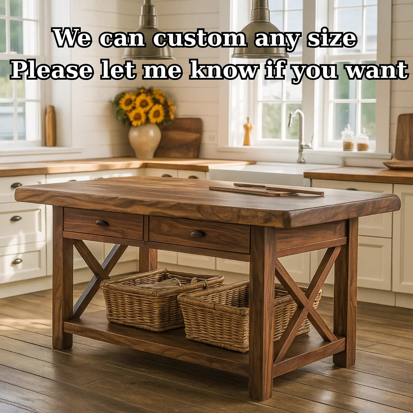 Handcrafted Solid Wood Kitchen Island - X-Base Design & Dark Finish Kitchnce
