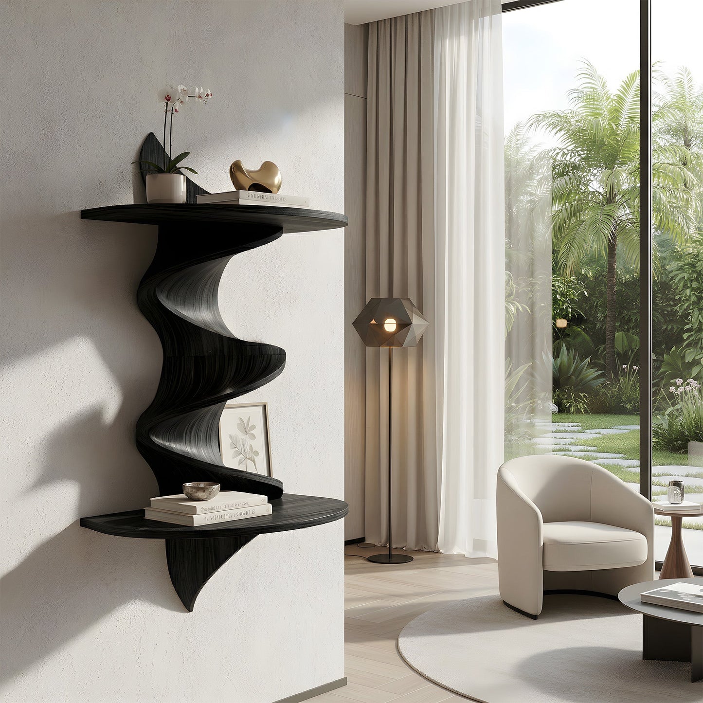 Sculptural Wave Wall Mounted Shelf in Natural Wood