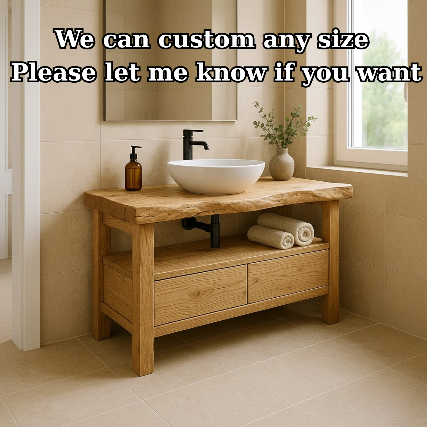 Handcrafted Solid Wood Bathroom Vanity - Live Edge Rustic Stand with Drawers & Shelf Kitchnce