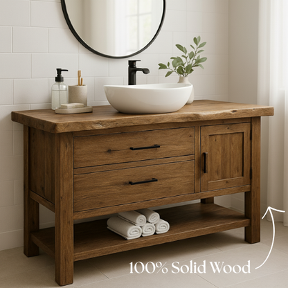 Handcrafted Solid Wood Bathroom Vanity with Live Edge Countertop and Open Shelf Kitchnce