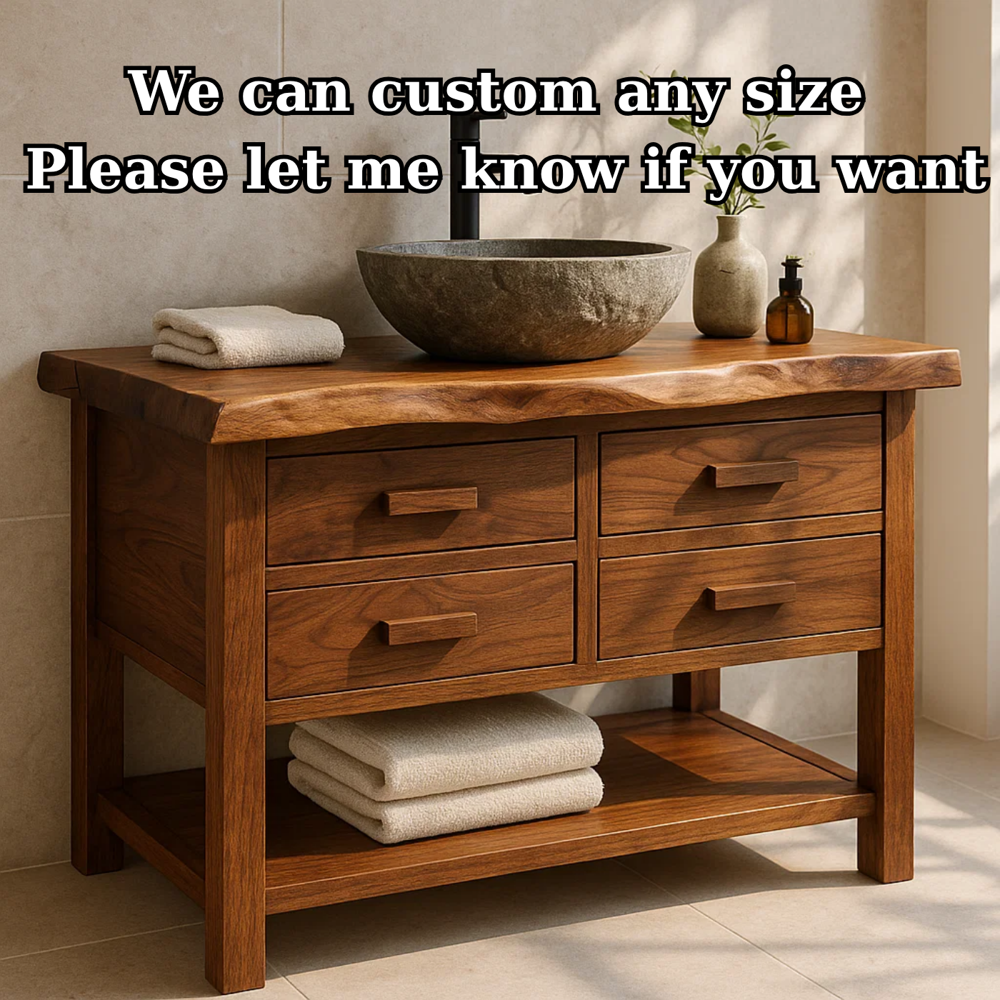 Handcrafted Solid Wood Bathroom Vanity with Live Edge Top and 4 Drawers Kitchnce