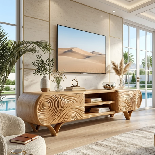 Modern Sculptural TV Console, Carved Storage Media Cabinet for Luxury Interiors