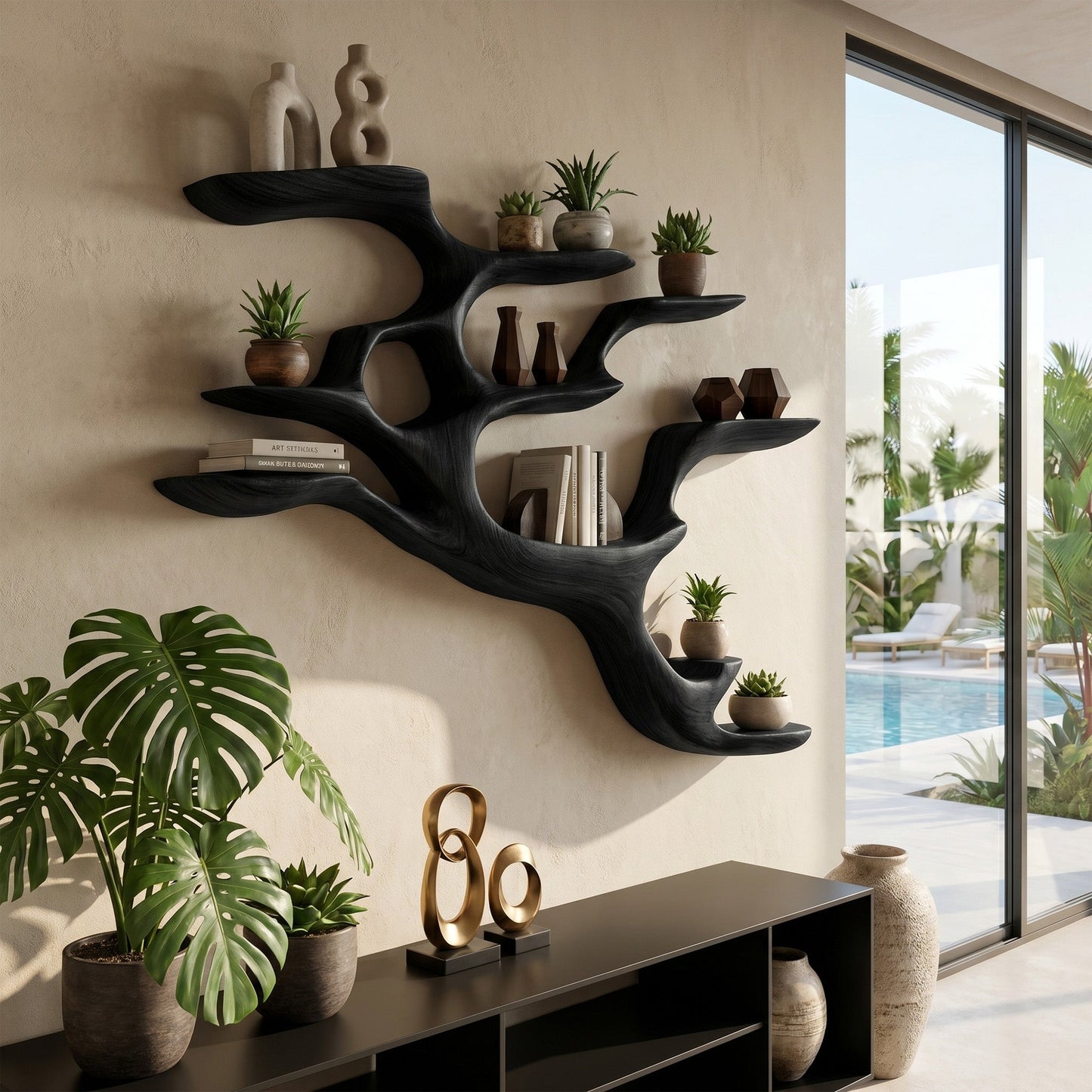Branch Form Wood Bar Wall Shelf With Open Display
