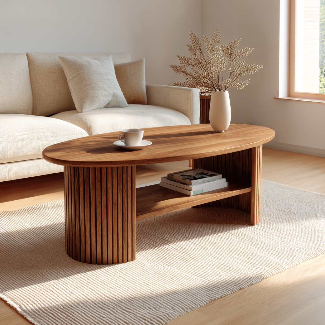 Oval Coffee Table with Fluted Base and Open Shelf Design