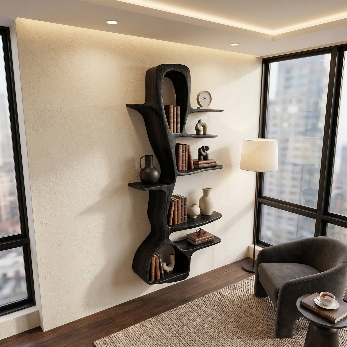 Sculptural Wood Wall Shelf With Vertical Open Display