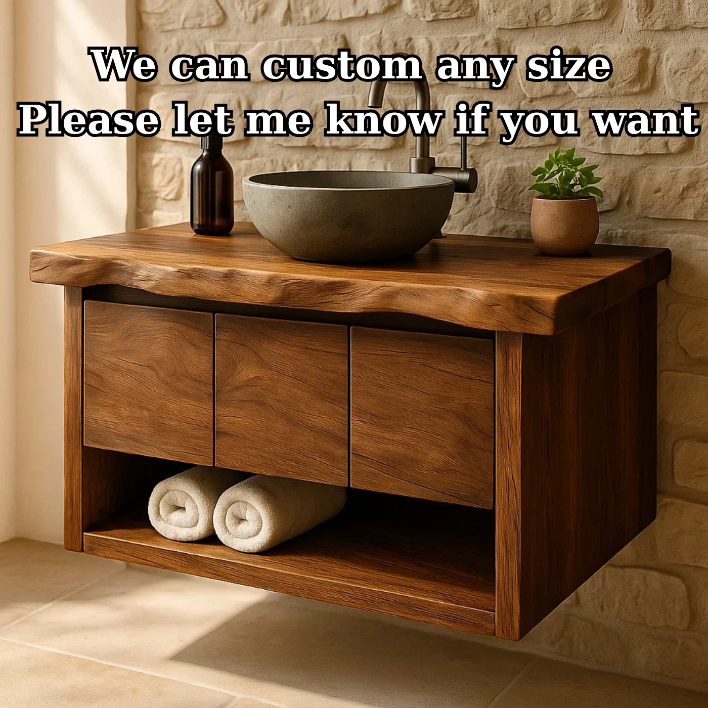 Handcrafted Solid Wood Floating Bathroom Vanity with Live Edge Top - Rustic Modern Washstand Kitchnce