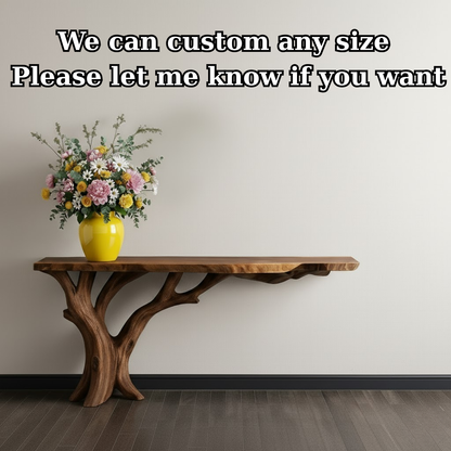 Handcrafted Solid Wood Console Table with Organic Branch Base and Live Edge Top Kitchnce