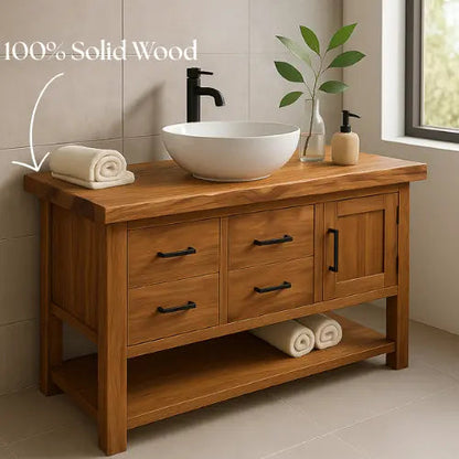 Handcrafted Solid Oak Bathroom Vanity – Live Edge Countertop with Drawers & Cabinet – Modern Rustic Wood Design for Warm, Natural Bathrooms Kitchnce