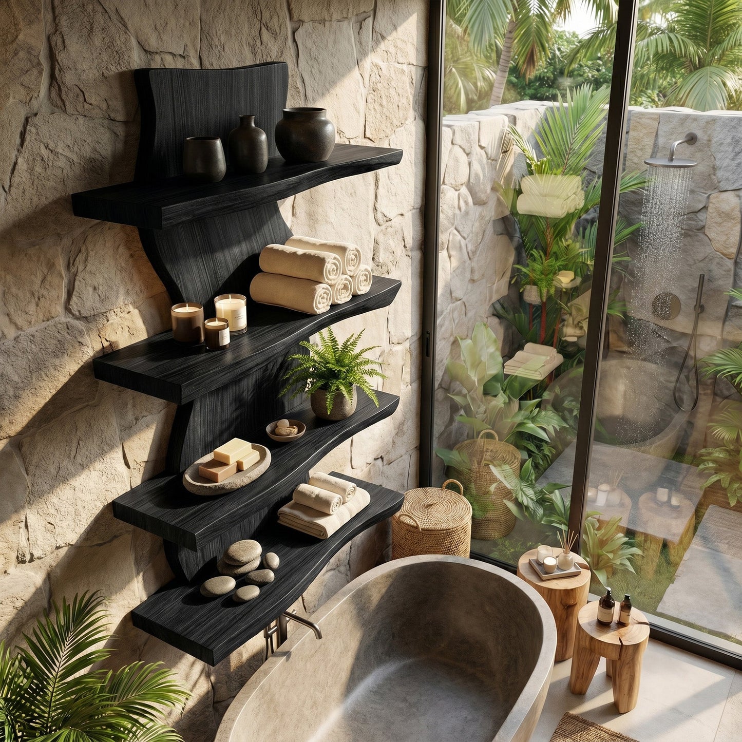 Vertical Wood Wall-Mounted Shelf With Layered Display