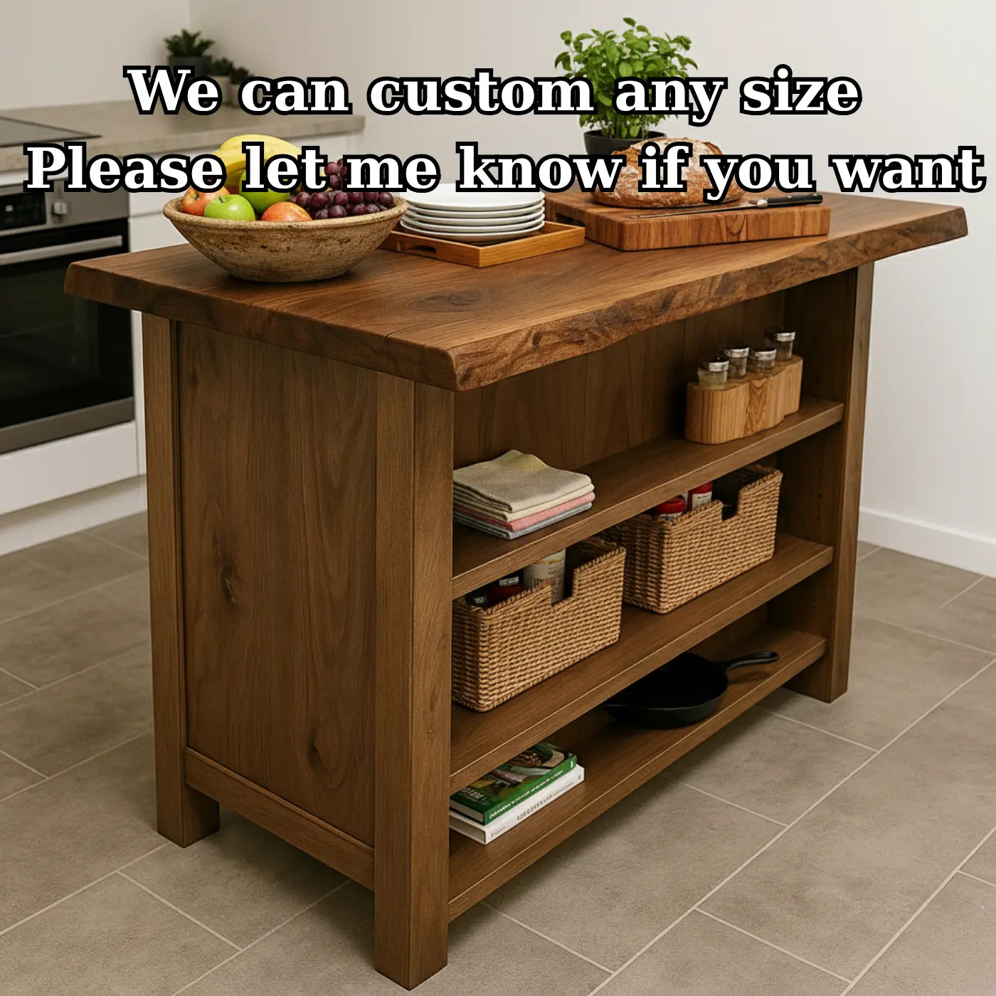 Handcrafted Solid Wood Kitchen Island - Rustic Live Edge & Open Shelves Kitchnce