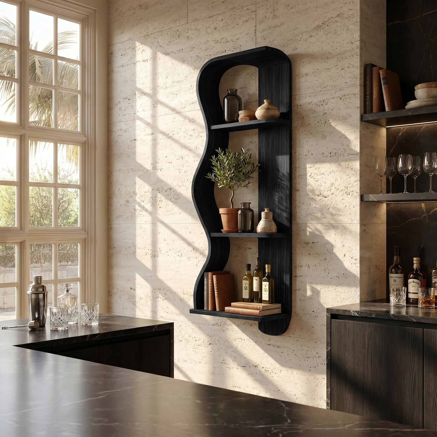 Vertical Wood Wall Shelf With Sculptural Open Display