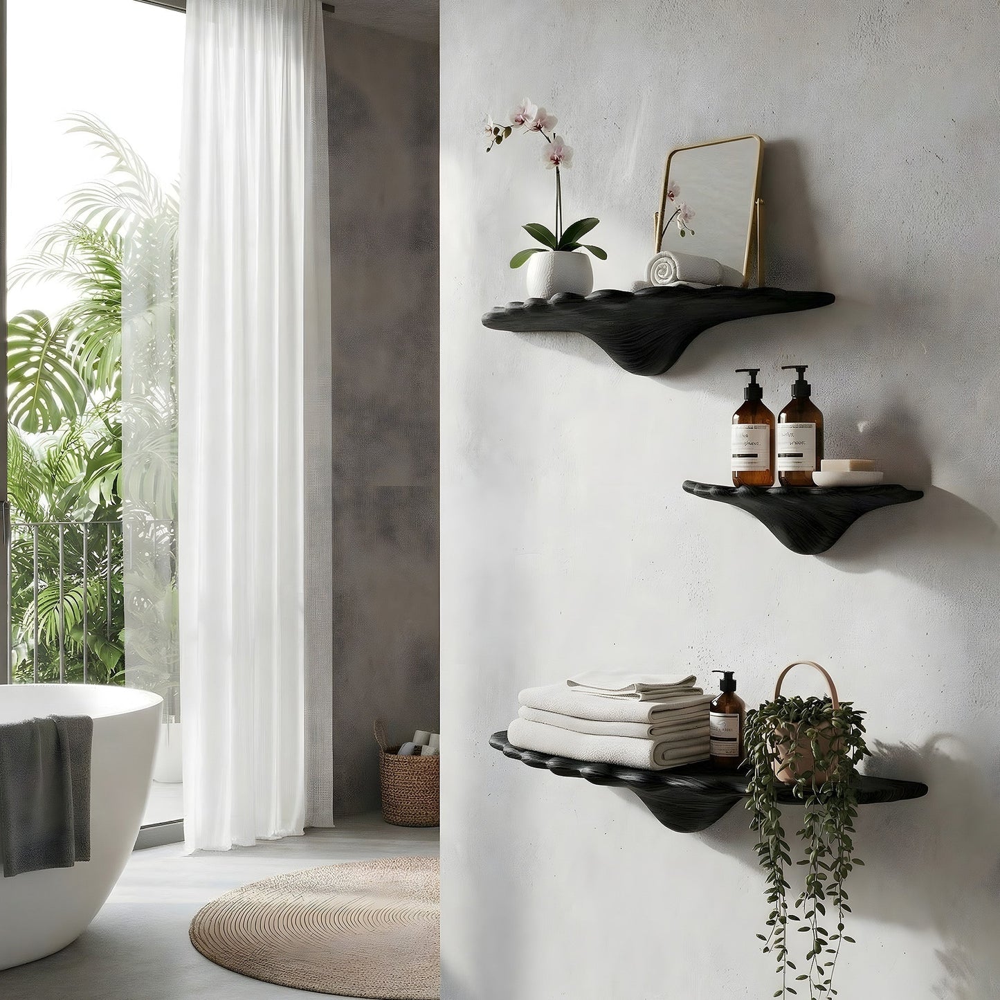 Sculptural Floating Wall Shelf Trio in Natural Wood with Organic Form