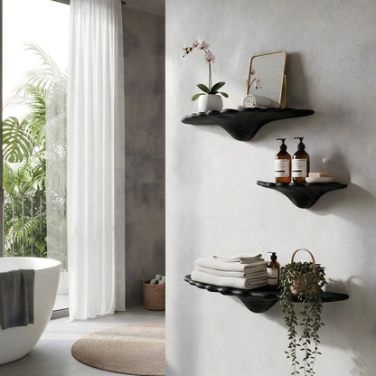 Sculptural Floating Wall Shelf Trio in Natural Wood with Organic Form