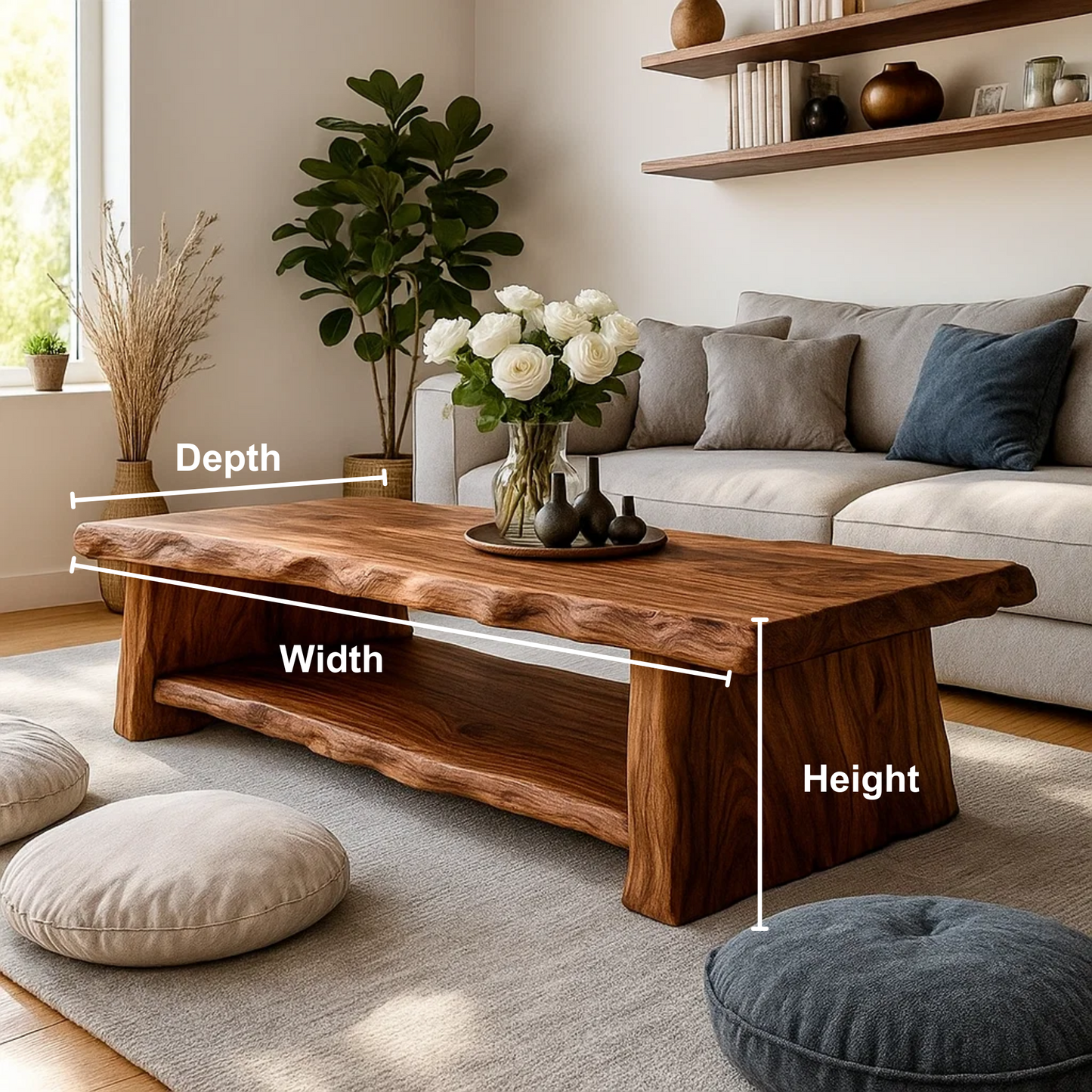 Handcrafted Solid Wood Coffee Table – Live Edge Design with Natural Grain and Organic Shape Kitchnce