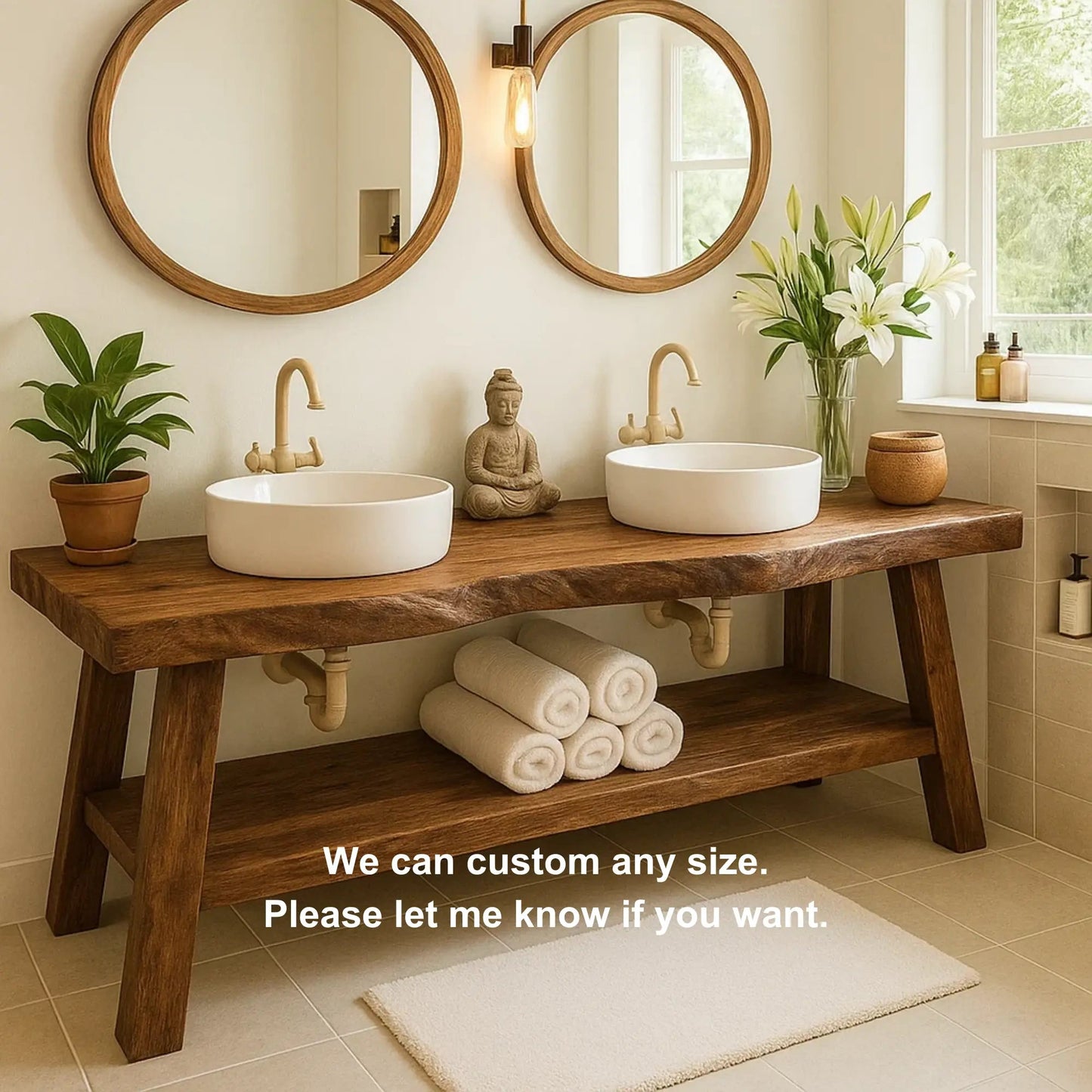 Handcrafted Double Solid Wood Bathroom Vanity with Drawers and Slatted Shelf for Modern Homes Kitchnce