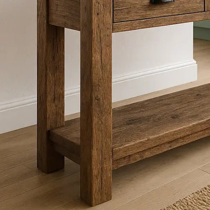Rustic Solid Wood Console Table with Black Iron Handles, Handcrafted Kitchnce
