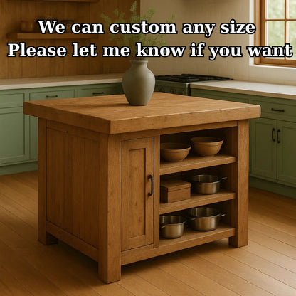 Handcrafted Solid Wood Kitchen Island - Square Shape, Cabinet & Shelves Kitchnce