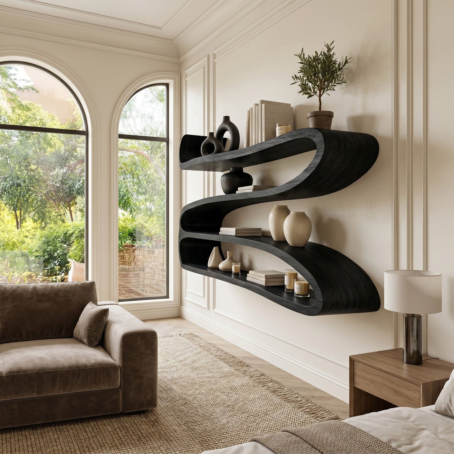 Sculptural Wood Wall-Mounted Shelf With Open Display