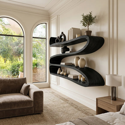 Sculptural Wood Wall-Mounted Shelf With Open Display